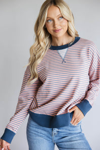 Color Trimmed Striped Top for Women in Pink Charcoal