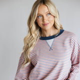 Color Trimmed Striped Top for Women in Pink Charcoal