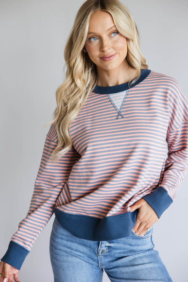 Color Trimmed Striped Top for Women in Pink Charcoal