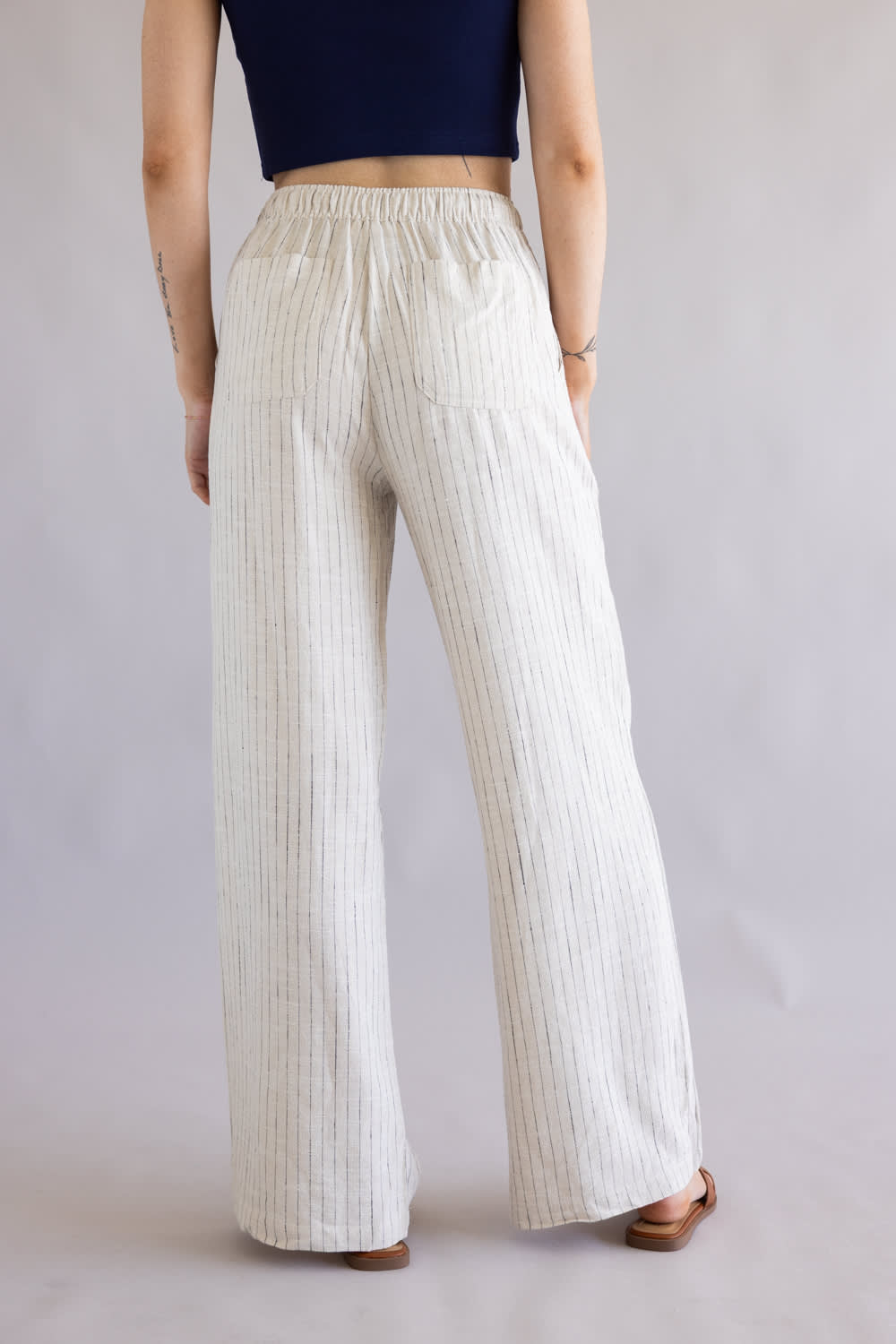 Striped Wide Leg Linen Pants for Women in Off White