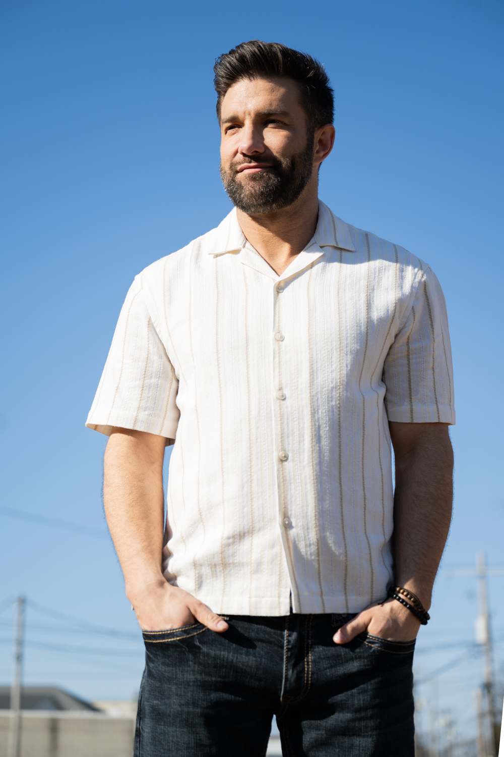 Textured Woven Button Up Shirt for Men in Ecru