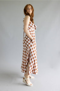 ACOA Gingham Midi Dress for Women in Brown/Ivory