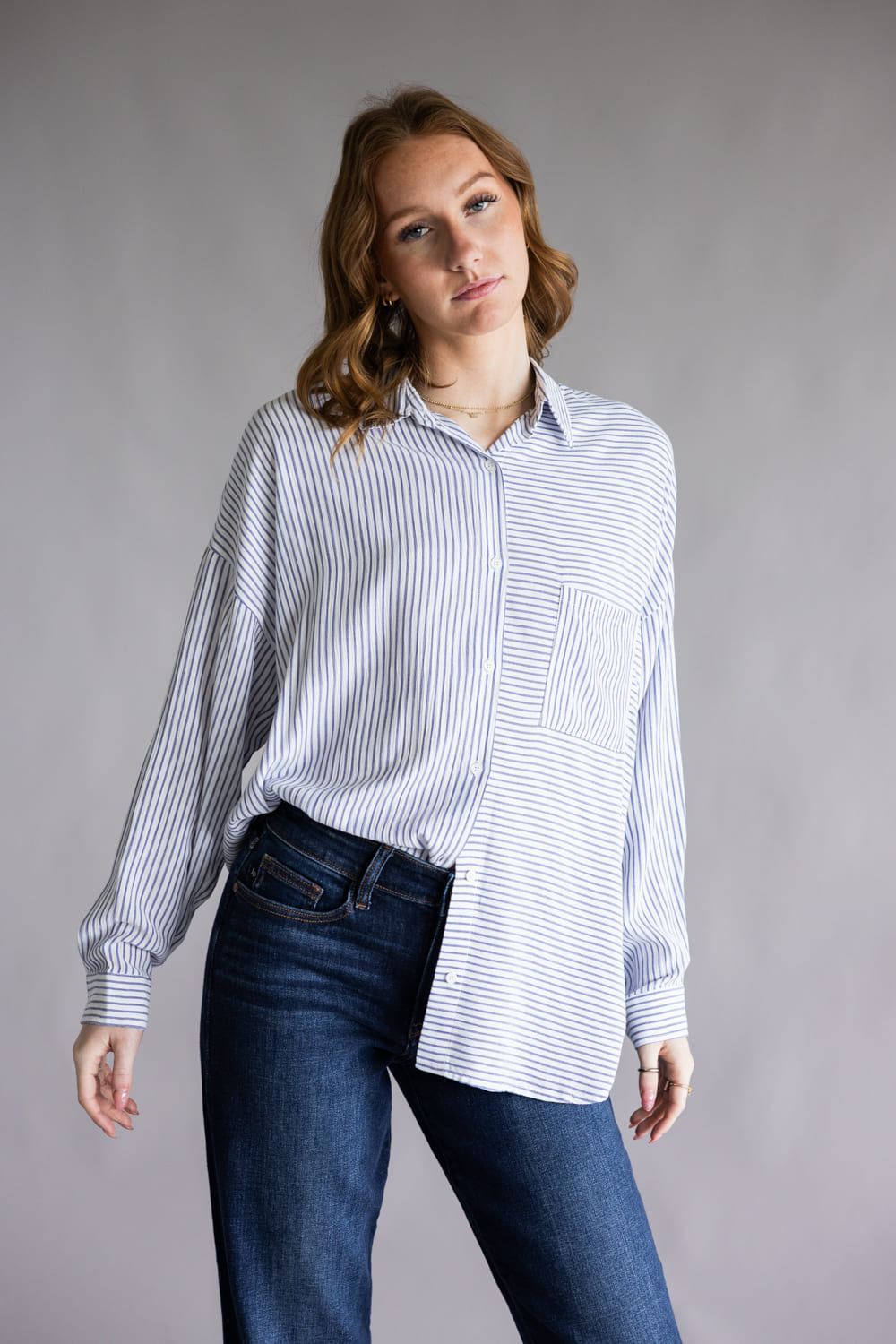 Mix Stripe Button Up Top for Women in Blue 