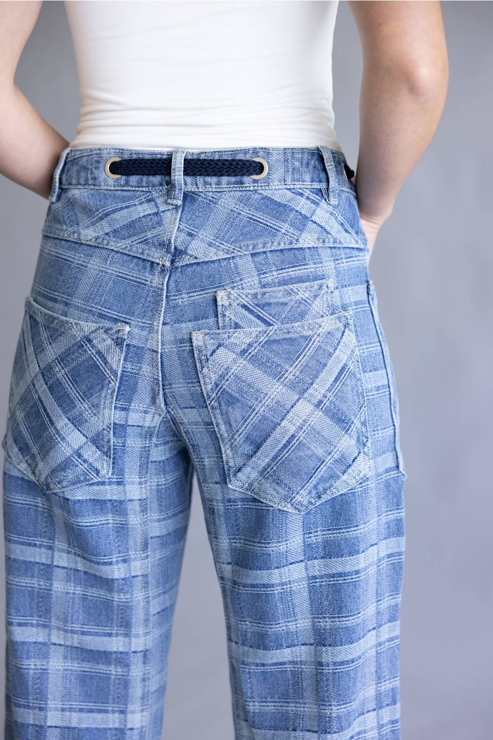 Aaron & Amber Drawstring Plaid Barrel Jeans for Women in Denim