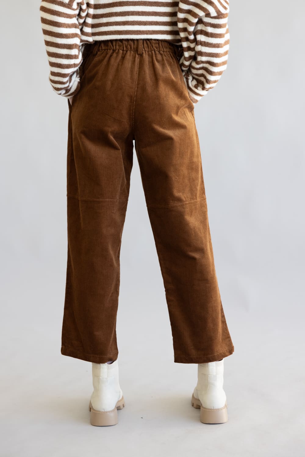 Allie Rose Drawstring Corduroy Barrel Pants for Women in Brown