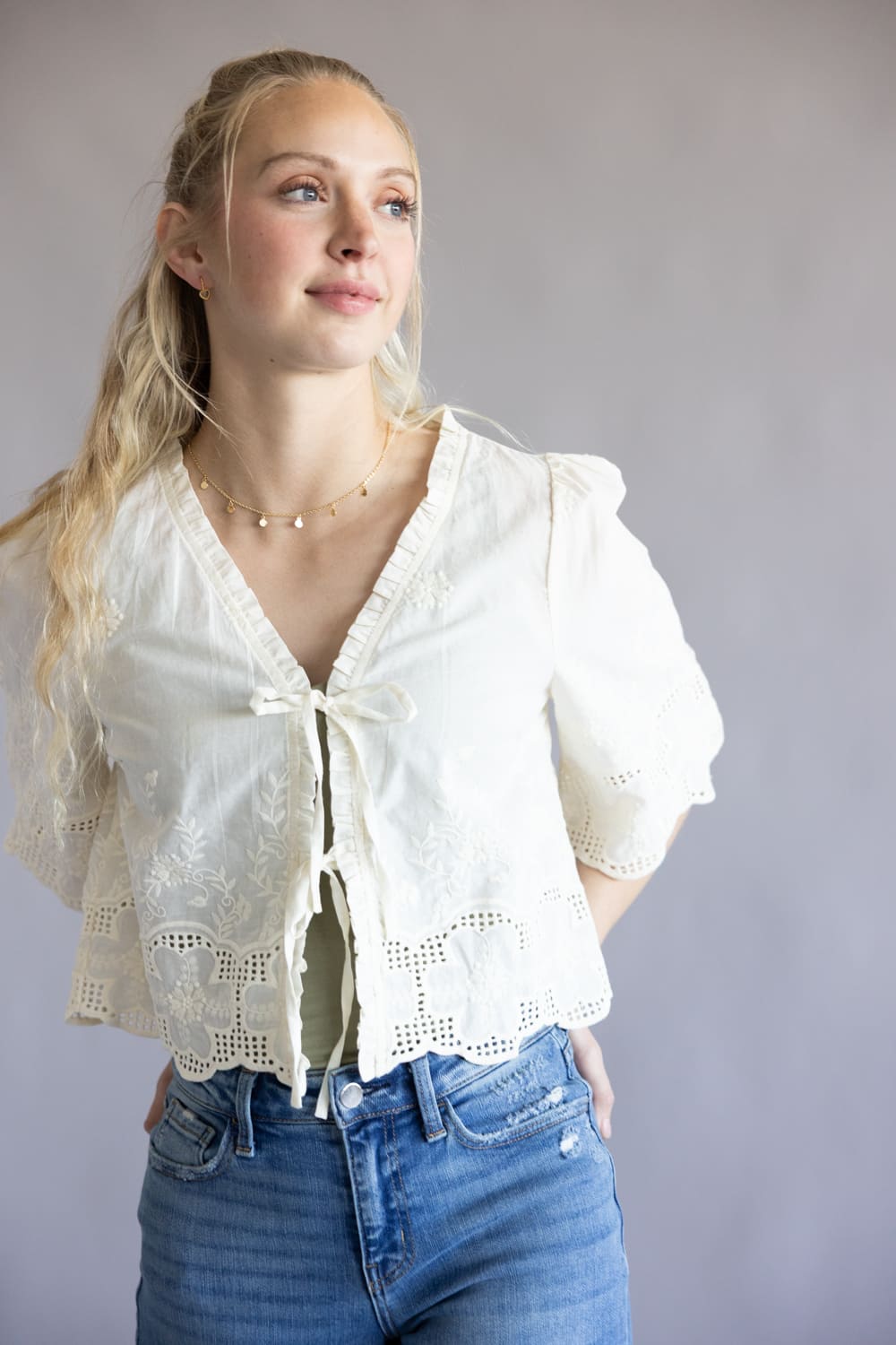 Embroidered Tie Front Top for Women in Ivory