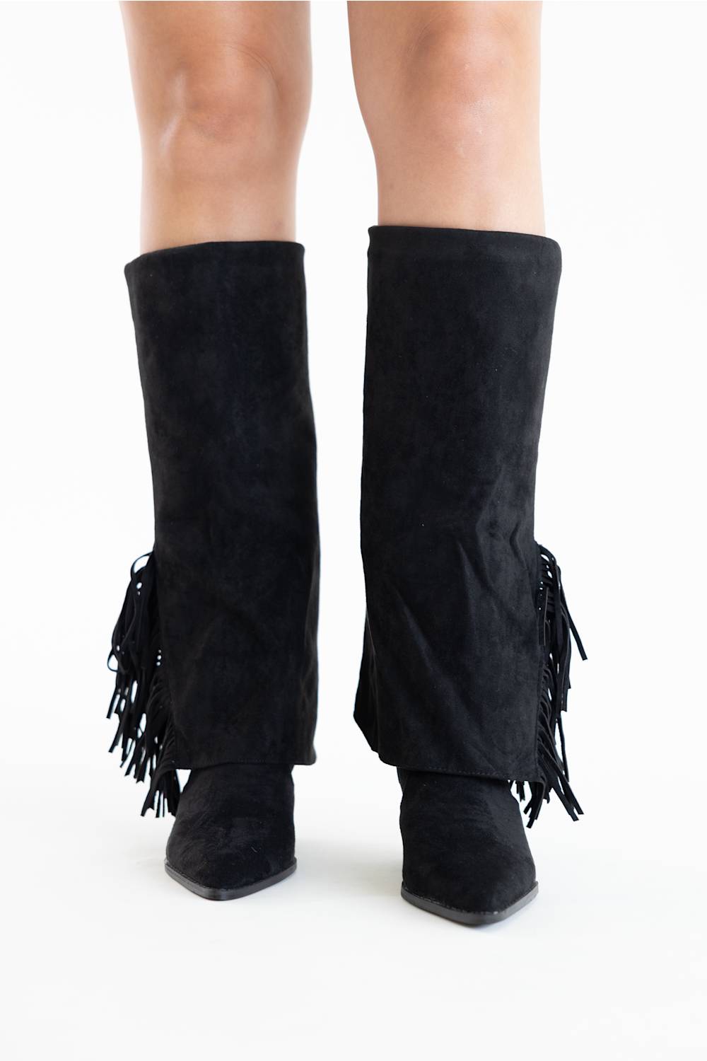 Black knee-high suede boots with block heels, shown from the back on a model against a white studio background.