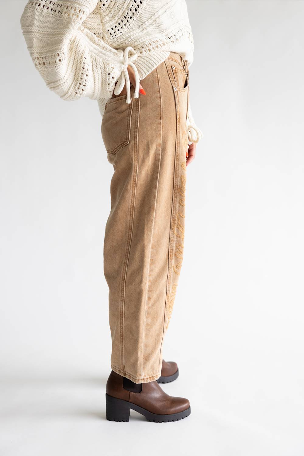 Aaron & Amber Embroidered Barrel Pants for Women in Rust