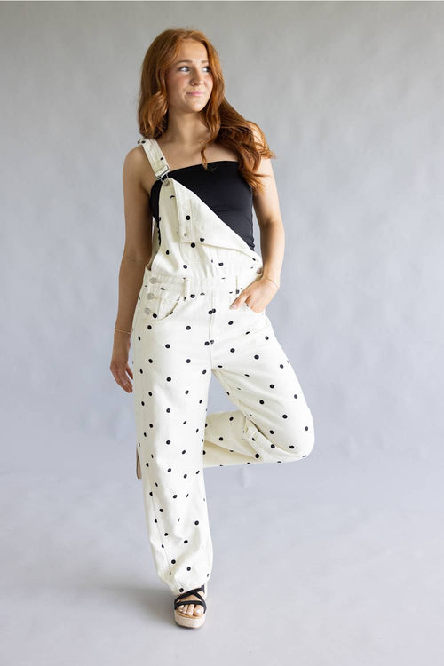 Aaron & Amber Slouchy Denim Overalls for Women in Polka Dot