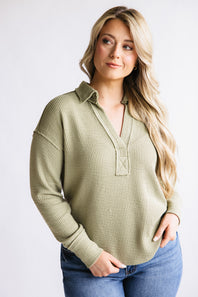 Blu Pepper Ribbed Knit Johnny Collar Polo Shirt for Women in Light Olive