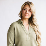 Blu Pepper Ribbed Knit Johnny Collar Polo Shirt for Women in Light Olive