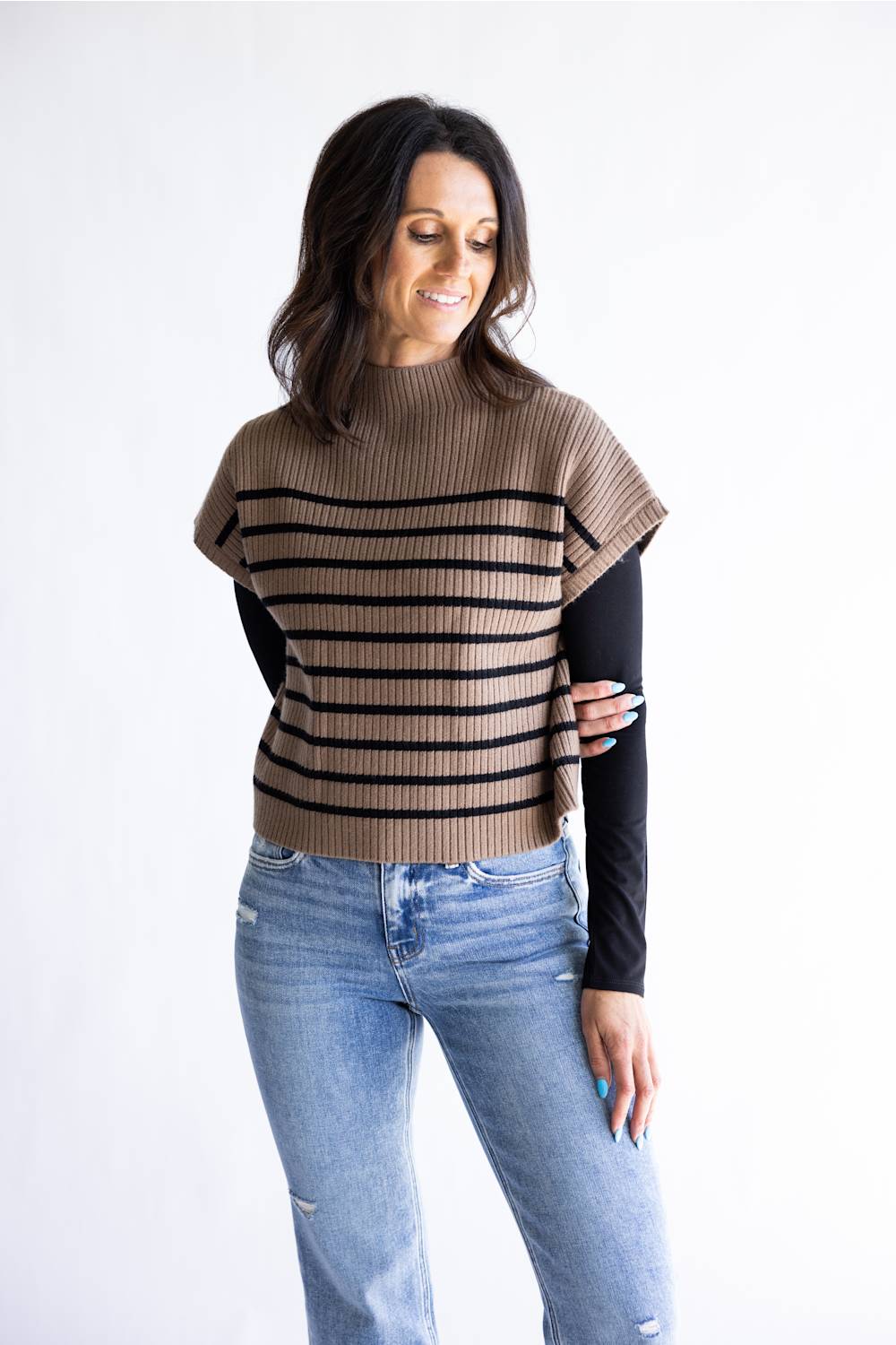 Blu Pepper Striped Mock Neck Sweater for Women in Mocha