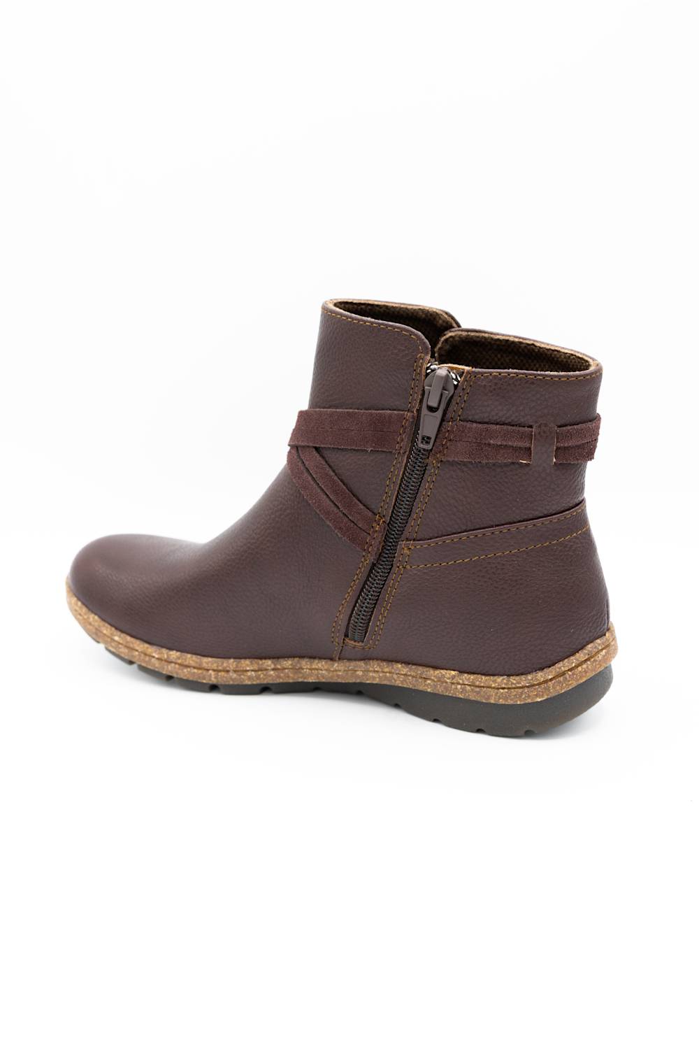 A dark brown leather ankle boot with a side zipper and a decorative strap detail, shown from a side profile view on a white background.