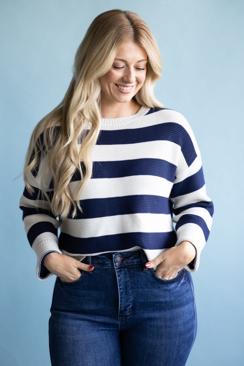Drop Shoulder Striped Sweater for Women in Navy