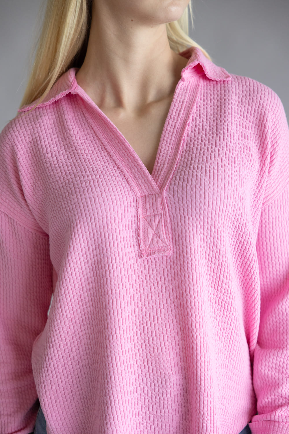 Blu Pepper Ribbed Knit Johnny Collar Top for Women in Light Pink | B3FT1012GL-LIGHTPINK