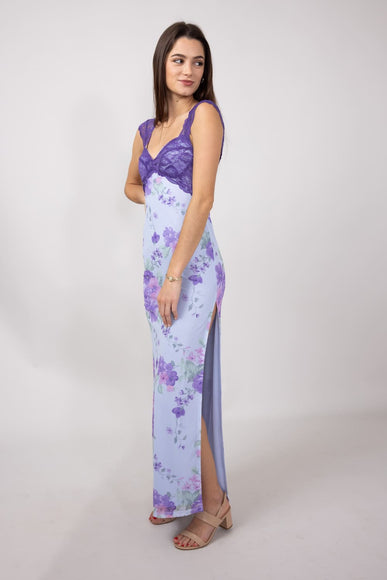 Mesh Floral Print Lace Detail Maxi Dress for Women in Light Blue