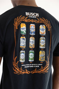 Busch Light Can Evolution T-Shirt for Men in Black (Back View showing graphic design featuring vintage hunting cans from 2015 to 2026 and antler frame).
