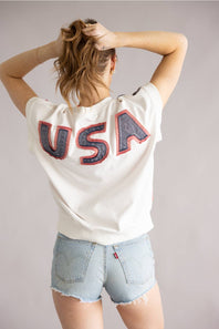 Flag USA Short Sleeve Sweatshirt for Women in White