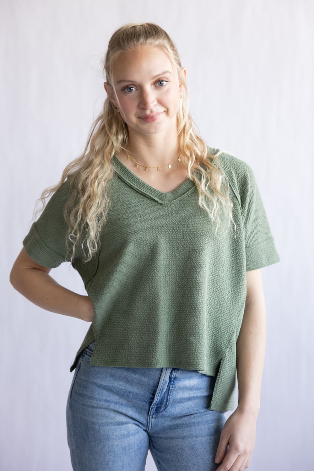 Textured V-Neck Seam Detailed Top for Women in Olive | 14400-OLV