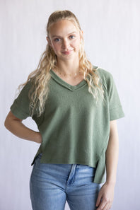 Textured V-Neck Seam Detail Top for Women in Olive