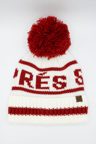 C.C. Apres Ski Yarn Pom Beanie for Women in Ivory/Red
