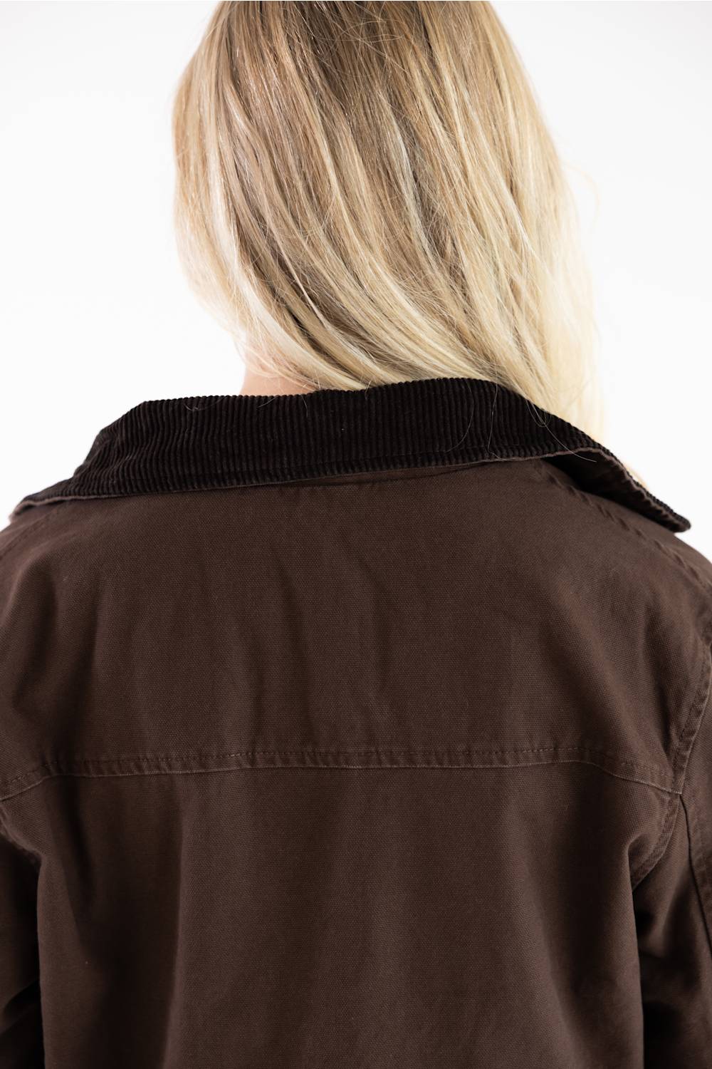 Back view of a person wearing a dark brown jacket with a black corduroy collar, shown against a plain white background.