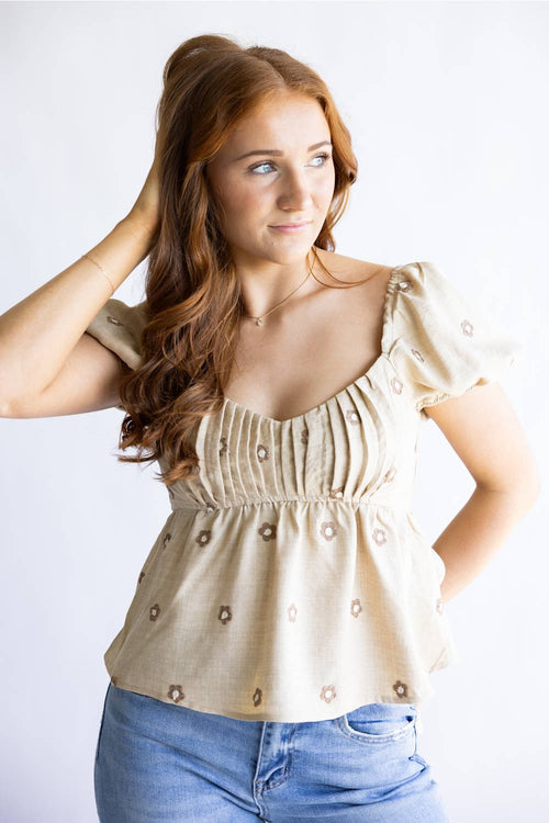 Blu Pepper Woven Floral Puff Sleeve Top for Women in Taupe