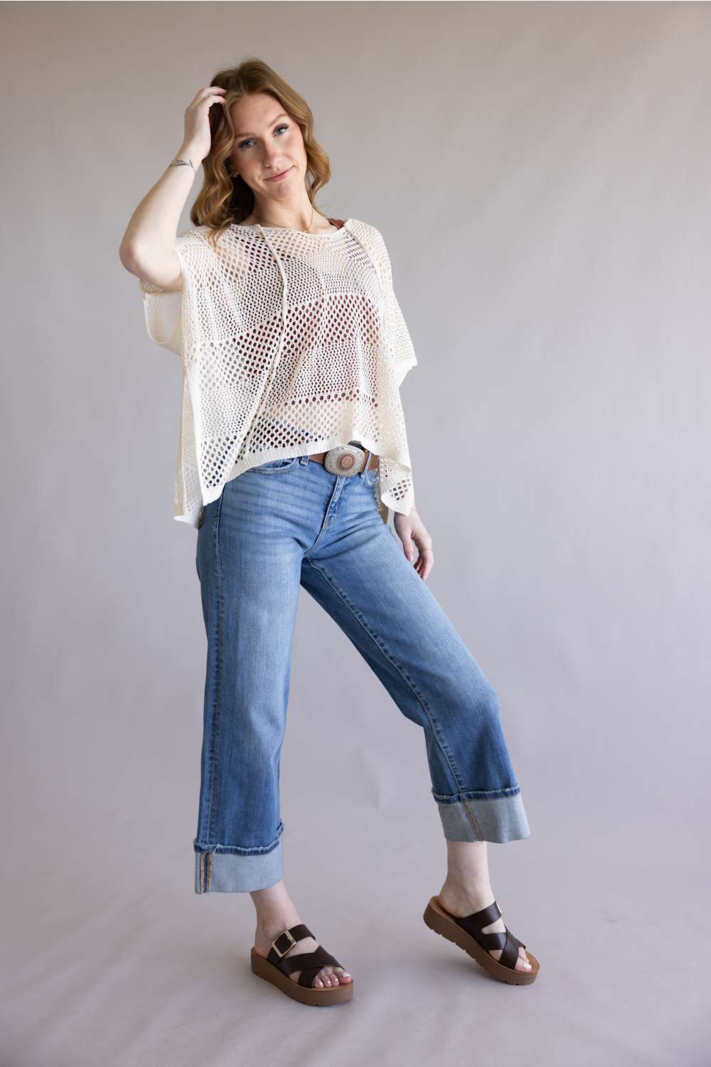 Crochet Tie Poncho for Women in Beige