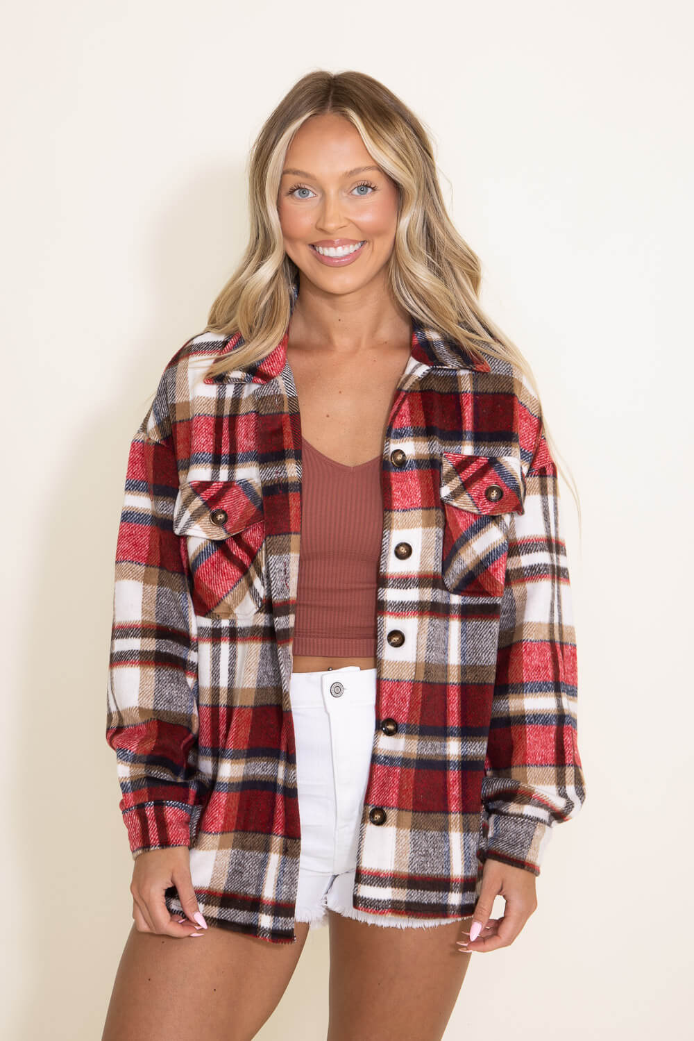  Simplee Women's Cropped Flannel Plaid Shacked Wool Blend Jacket  Coat : Clothing, Shoes & Jewelry