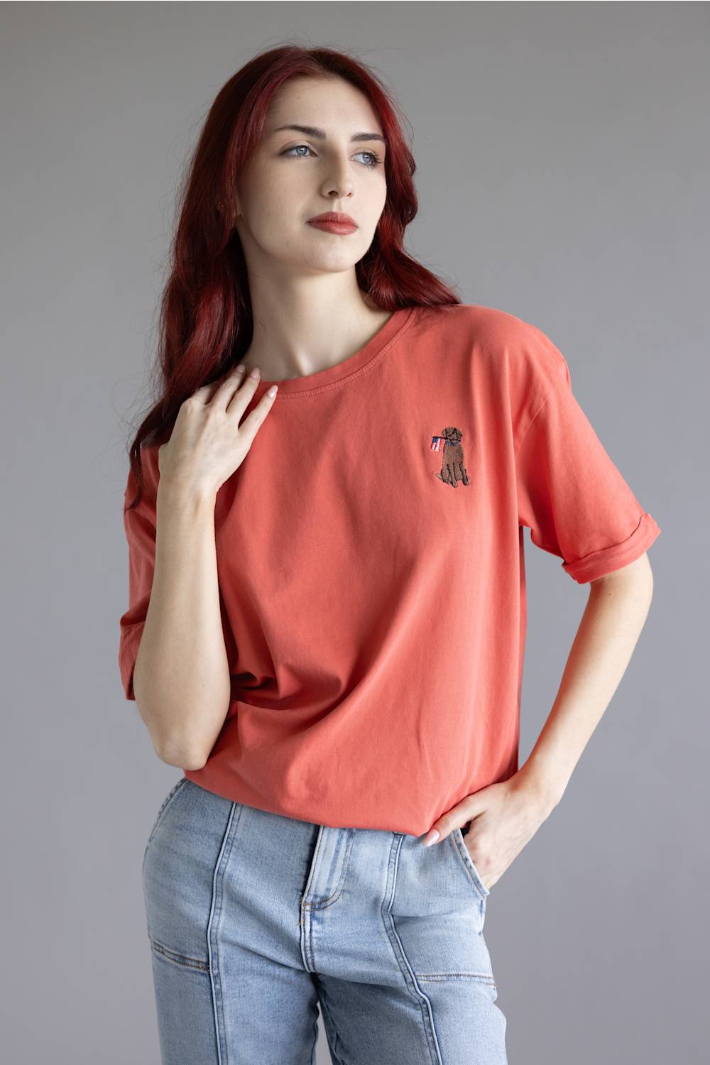 C&C California Melissa Embroidered Flag Dog T-Shirt for Women in Cranberry