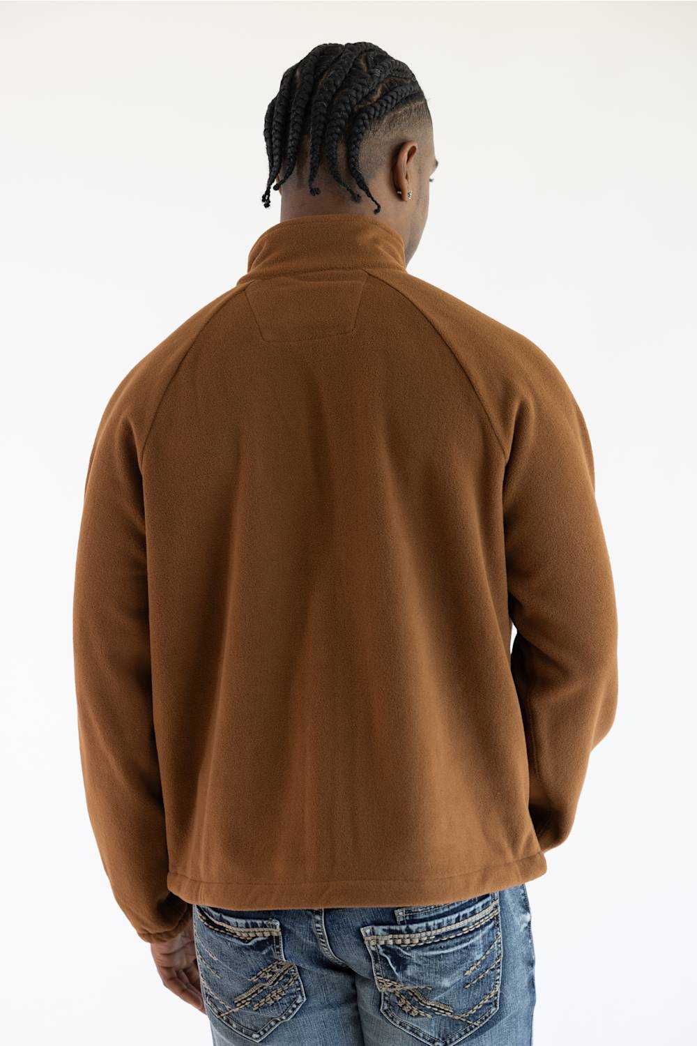 Rear view showing the back fit and raglan sleeve construction of the Carhartt Men's Elkhart zip-up fleece jacket in Red Duck brown.
