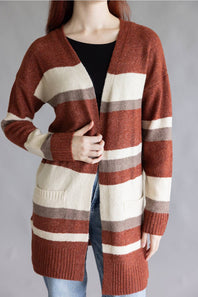 Color Block Striped Cardigan for Women in Wine