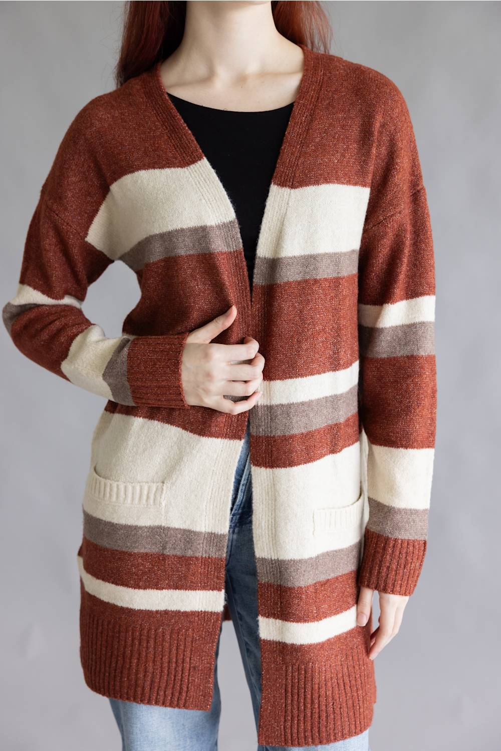 Color Block Striped Cardigan for Women in Wine