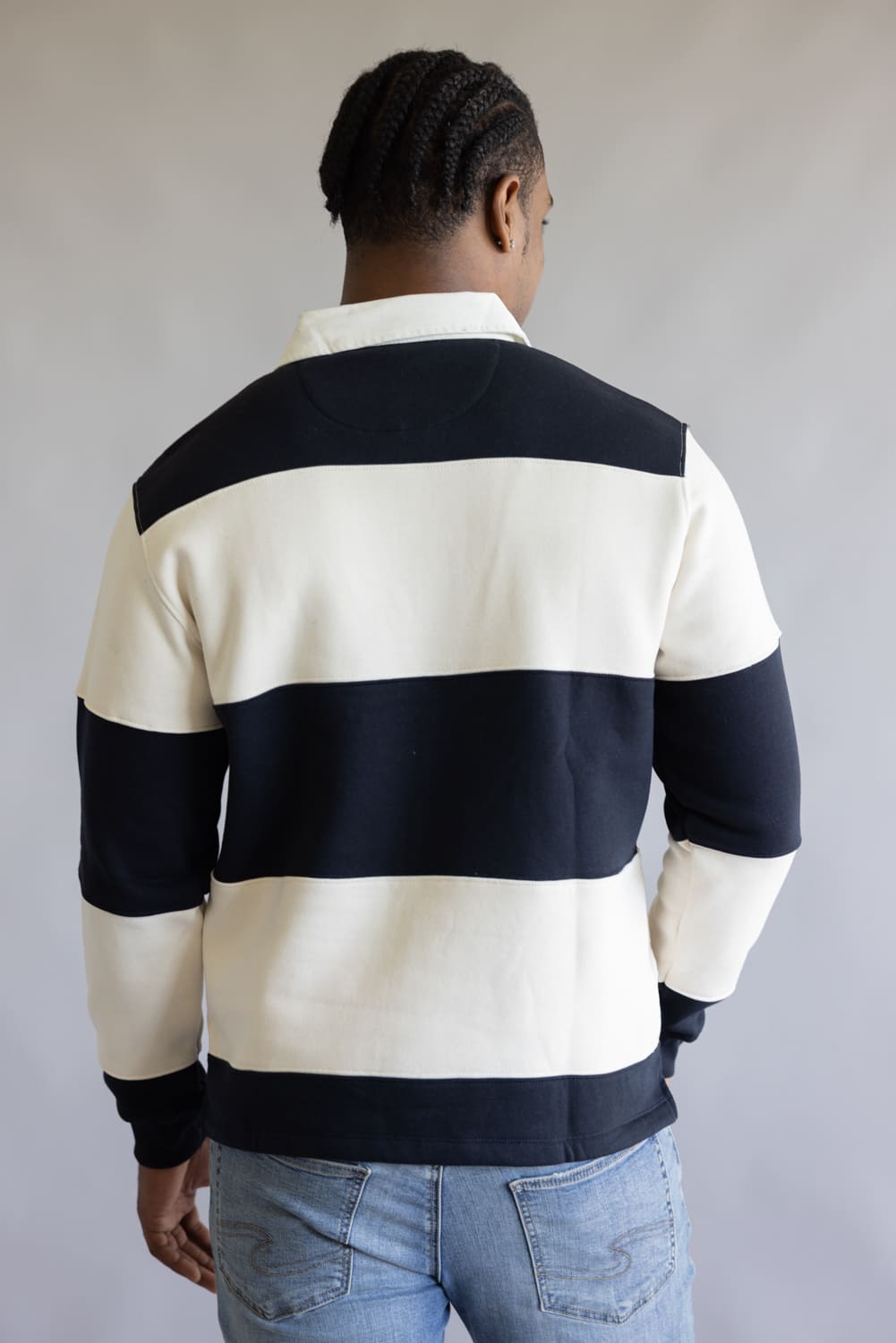 Denim & Flower Polo Fleece Stripe Pullover for Men in Cream/Navy