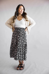 Ditsy Floral Tiered Smocked Waist Midi Skirt for Women in Black/Taupe