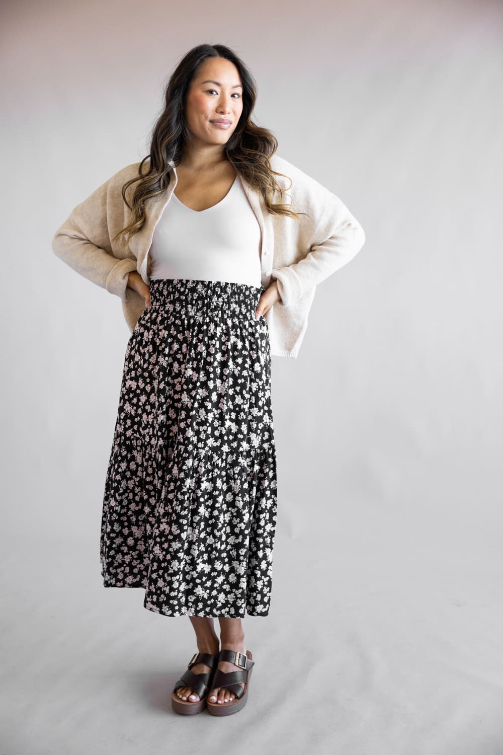 Ditsy Floral Tiered Smocked Waist Midi Skirt for Women in Black/Taupe