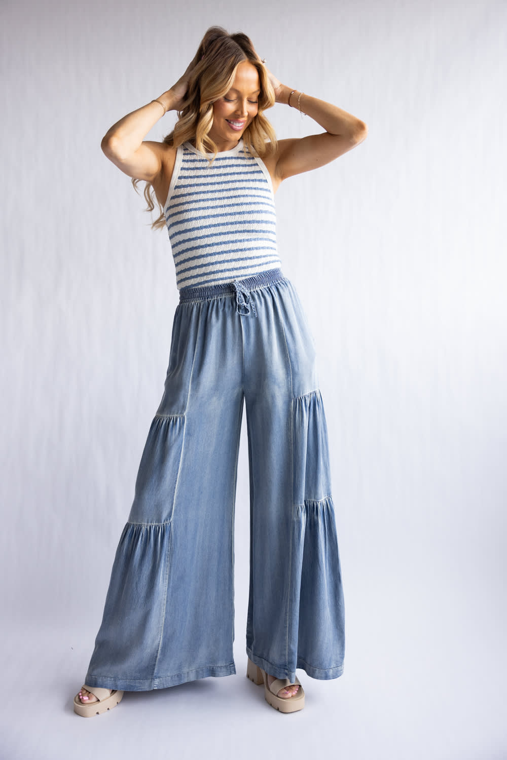 Side Ruffle Washed Wide Leg Pants for Women in Denim