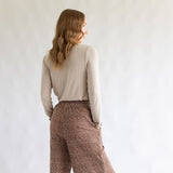 Ditsy Floral Smocked Waist Wide Leg Pants for Women in Chocolate Floral