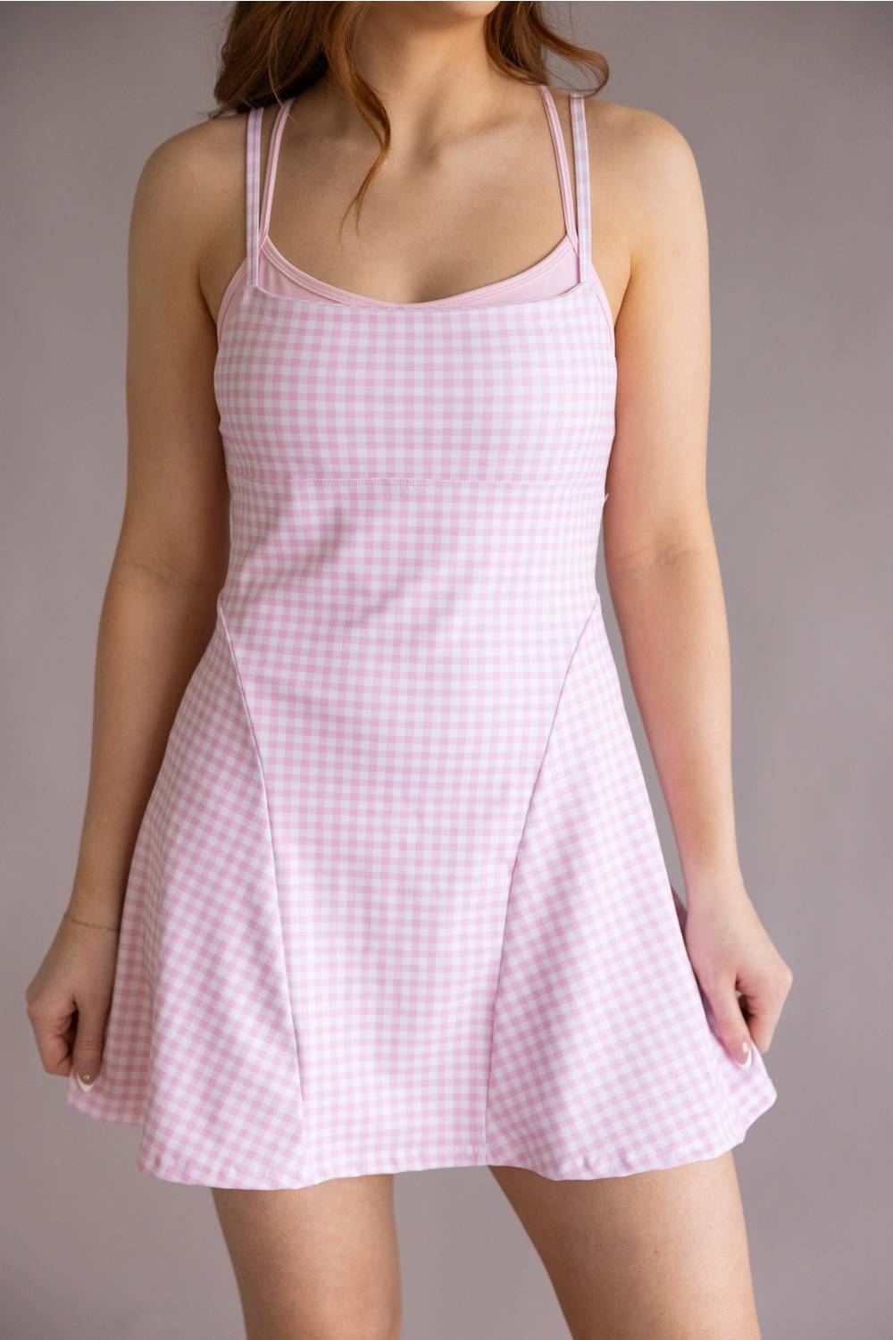 Double Layer Gingham Tennis Dress for Women in Light Pink