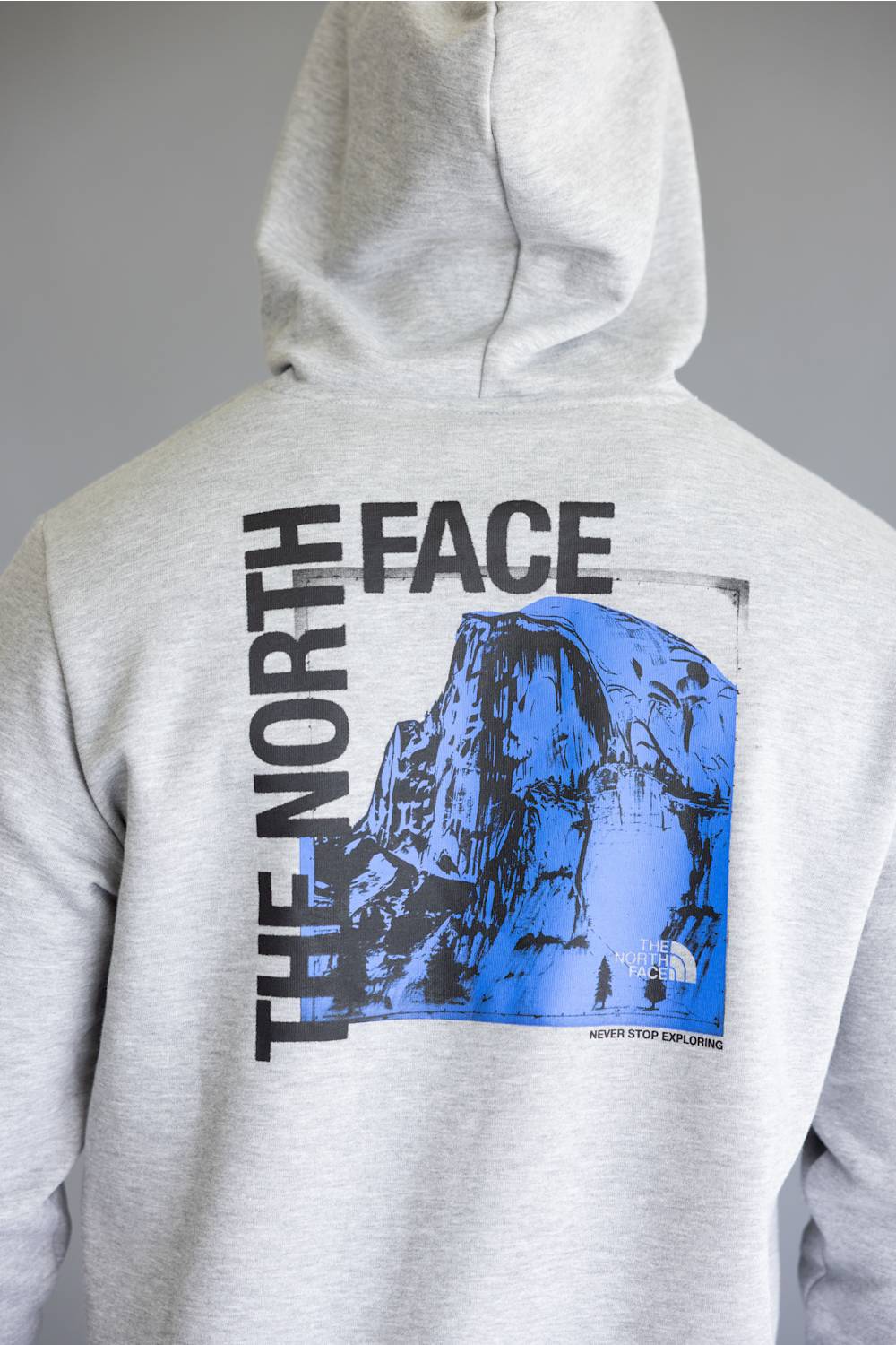 A light heather gray hoodie shown from the back, featuring a large graphic print of a blue mountain scene with 'THE NORTH FACE' text in black.