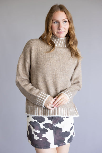 Elan Blanket Stitch Mock Neck Sweater for Women in Tan