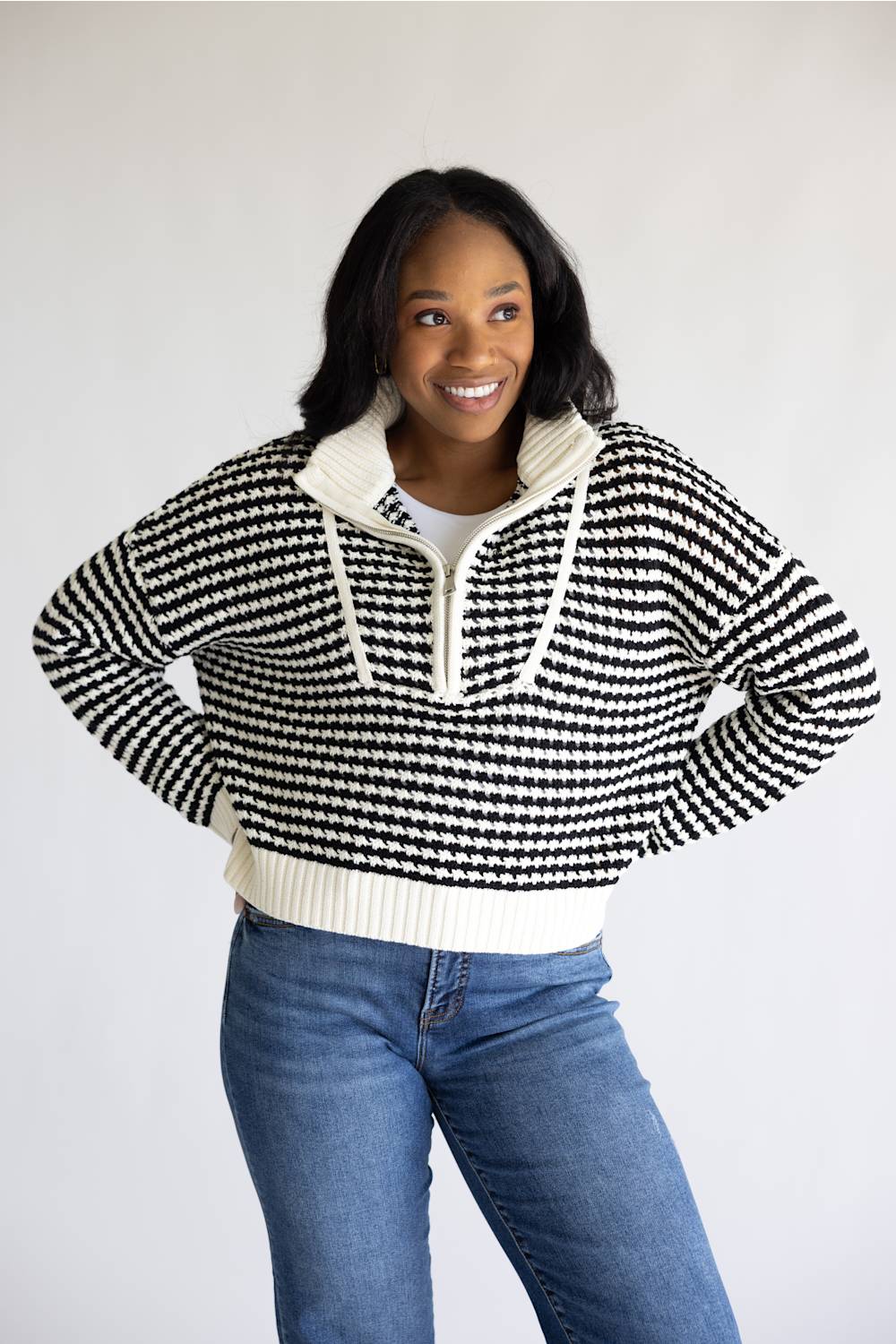 Elan Half Zip Open Knit Sweater for Women in Black