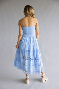Eyelet Lace Strapless Midi Dress for Women in Blue