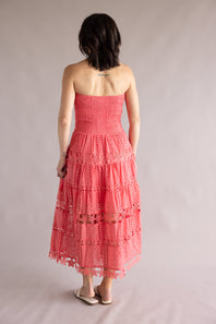 Eyelet Lace Strapless Midi Dress for Women in Coral