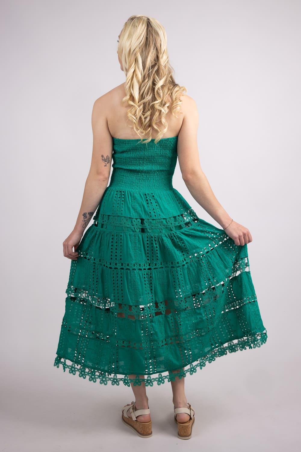 Eyelet Lace Strapless Midi Dress for Women in Emerald