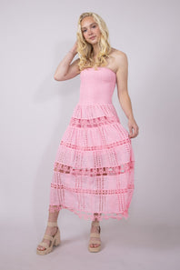 Eyelet Lace Strapless Midi Dress for Women in Pink