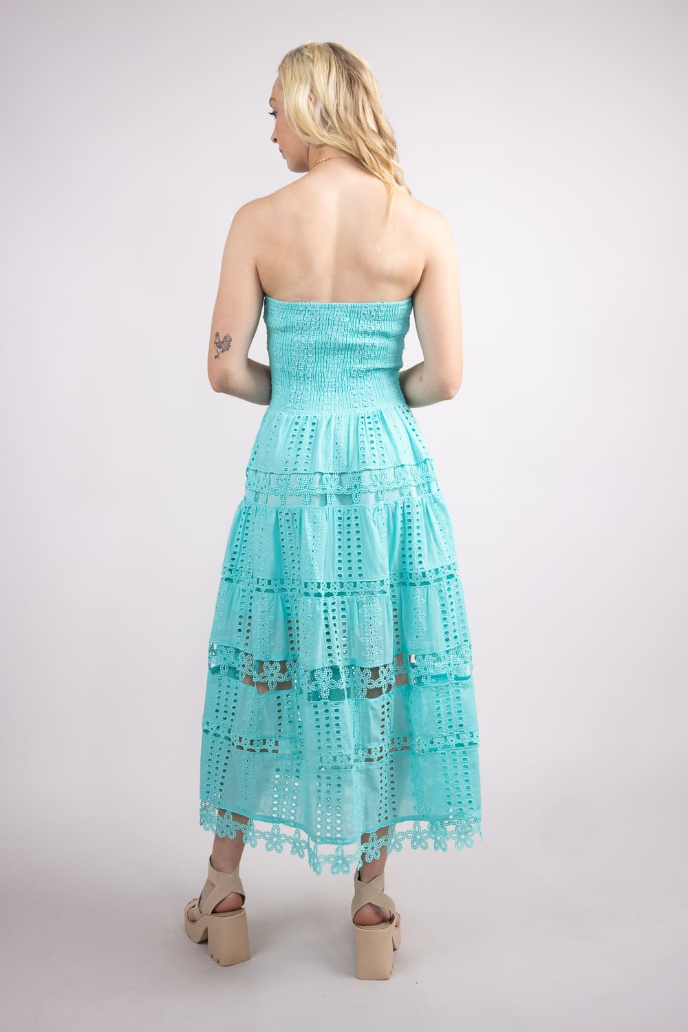 Strut & Bolt Eyelet Strapless Midi Dress for Women in Tiffany Blue at Glik's , M Strut & Bolt Eyelet Strapless Midi Dress for Women in Tiffany Blue at Glik's , M