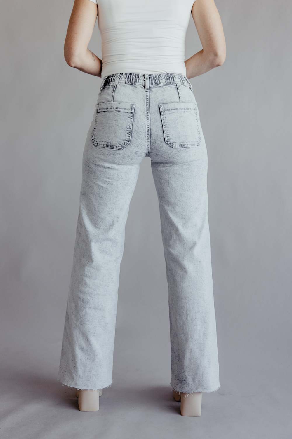 Flying Monkey High-Rise Drawstring Wide Leg Jeans for Women in Light Grey