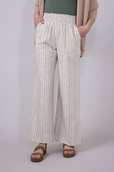 Smocked Waist Linen Wide Pants for Women in Taupe