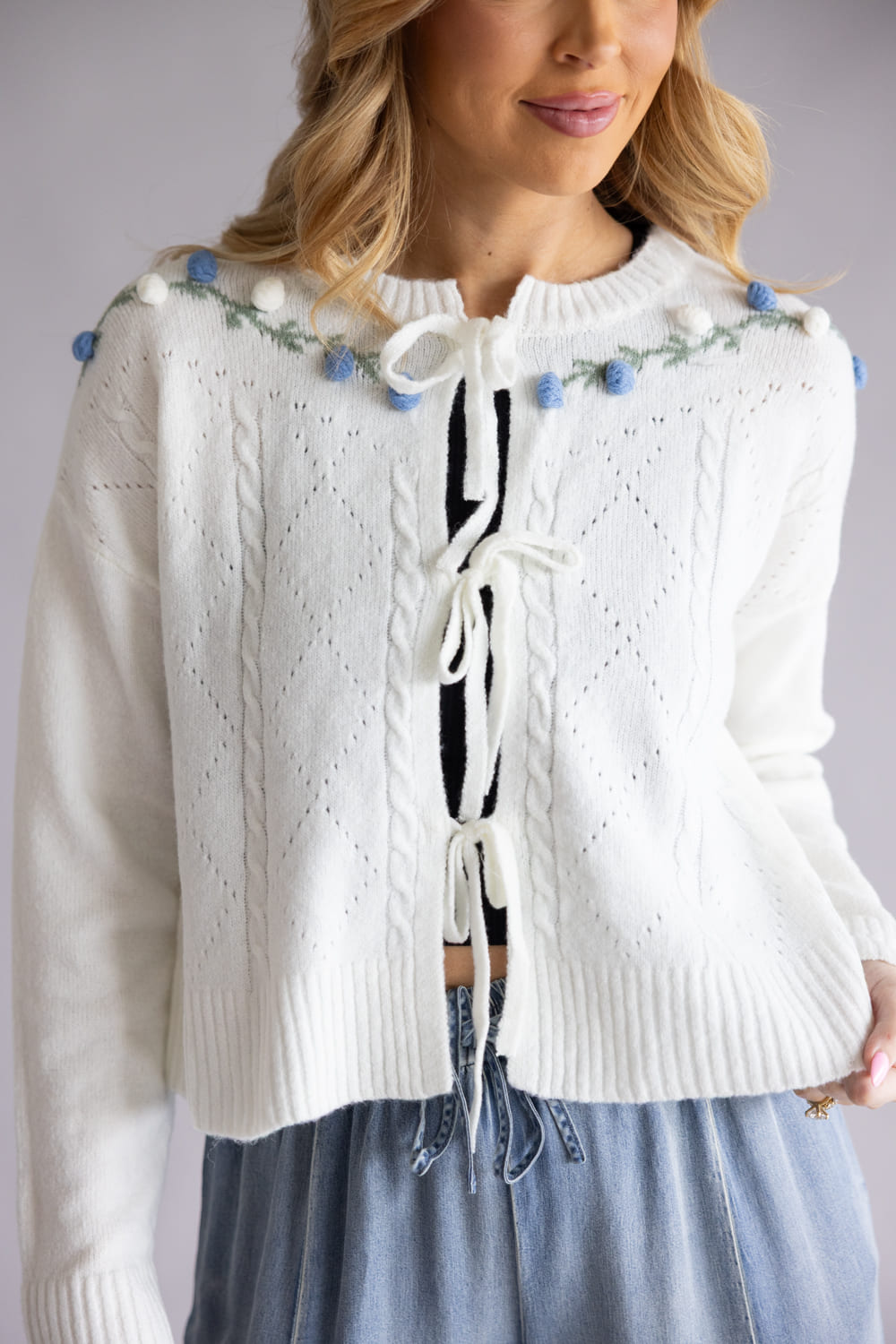 Simply Southern Floral Tie Front Cardigan for Women in Cream